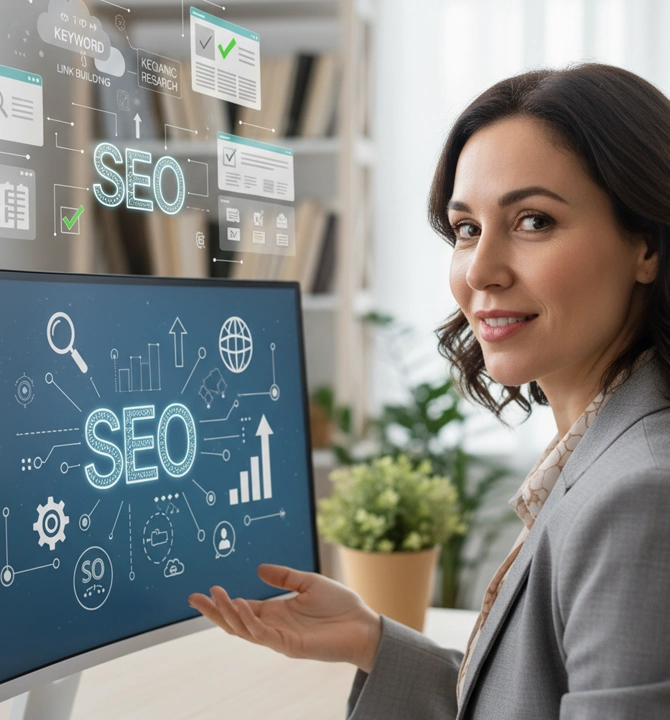 Konsultacja SEO – specjalistka przy monitorze z wynikami wyszukiwania